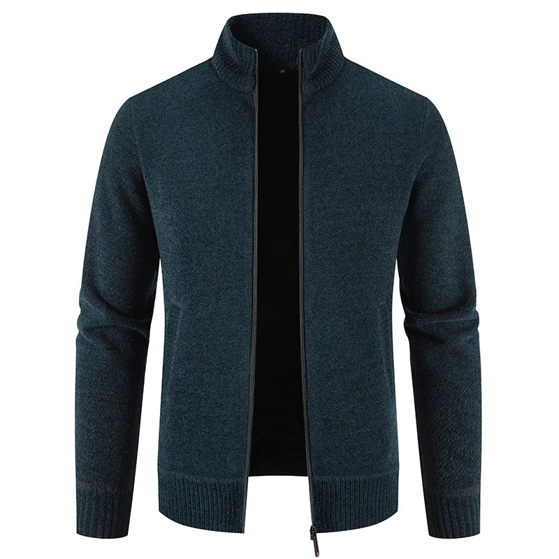 Men's Thick Knit Zip-Up Cardigan with Stand Collar
