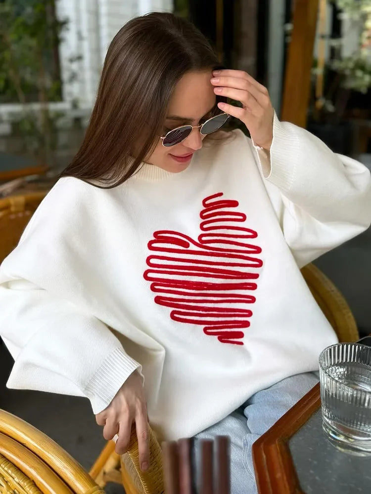 Women's Heart Knitted Loose Pullovers Long Sleeve Sweater