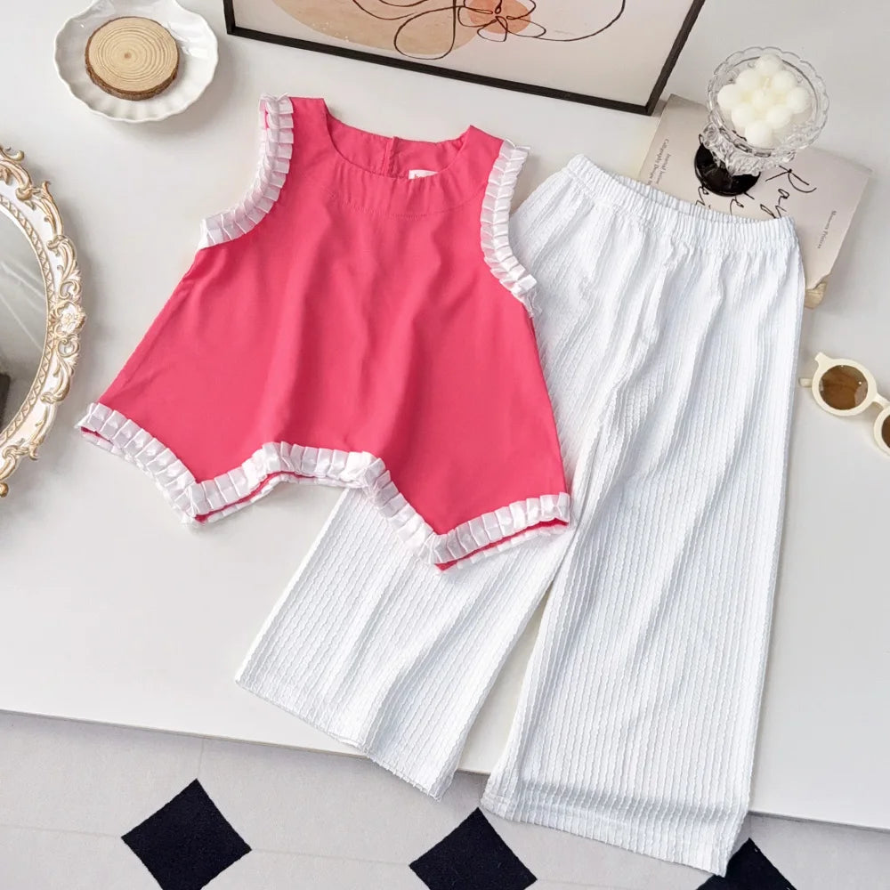 Girl's Round Neck Lace Vest Top and Strip Pants 2-Pcs Set Summer Girl Clothes 3 To 7 Years