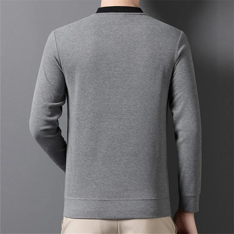 Men's Patchwork O-Neck Knit Pullover - Smart Casual Warm Sweater with Pocket