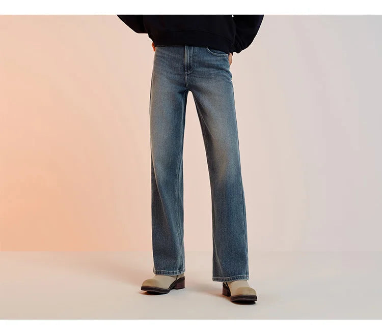 Women's Wide Leg Brushed Denim Jeans - Loose Fit Winter Warm Long Pants