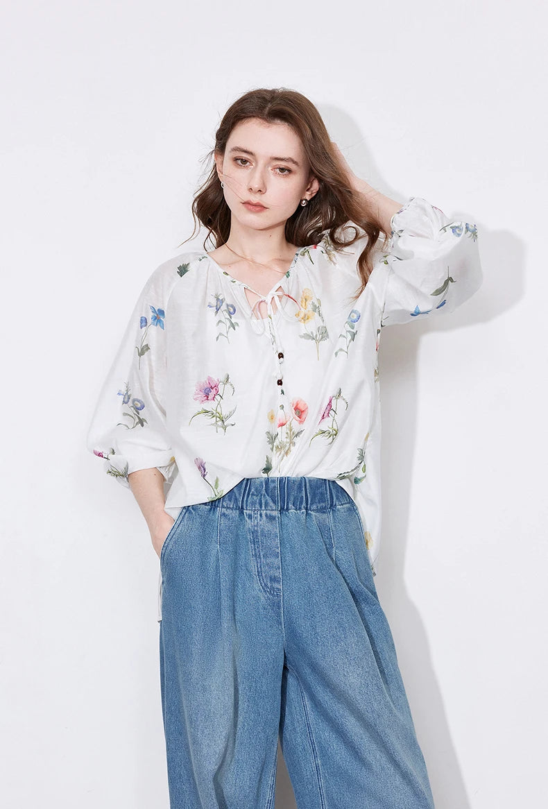 Women's Linen Blend Floral Print Blouse | Lantern Sleeves | O-Neck | Loose Fit | White | Spring Summer