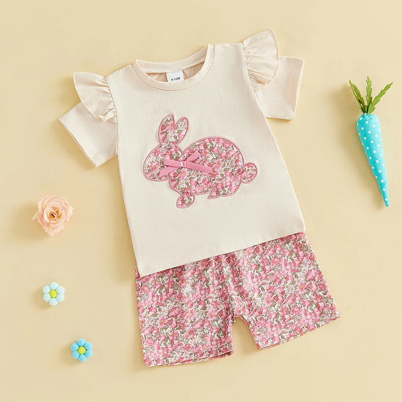 0-4Y Kids Girls Easter Clothes Set Rabbit Floral Print Short Sleeve Ruffled Tops Elastic Waistband Shorts