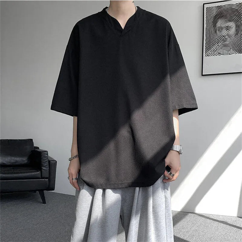 Men's Summer Three Quarter Collar  V-Neck Loose  T-shirt