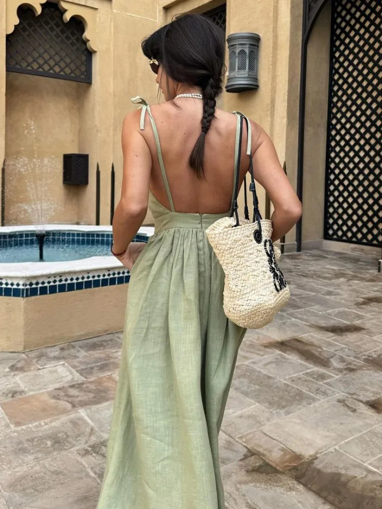 Women's Backless Beach V Neck Splice Folds Long Elegant Bandage Maxi Sundress