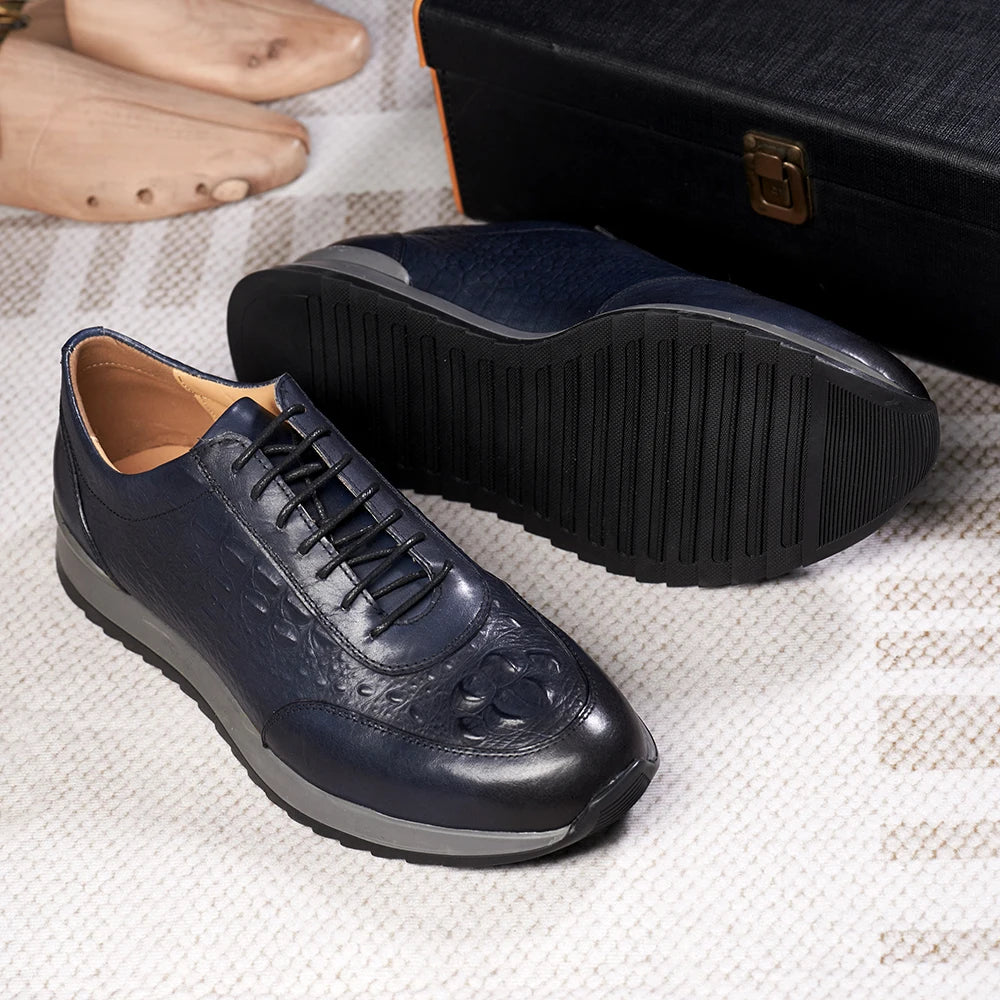 Men's Genuine Leather Crocodile Pattern Oxford Sneakers – Lace-Up Casual Flat Shoes