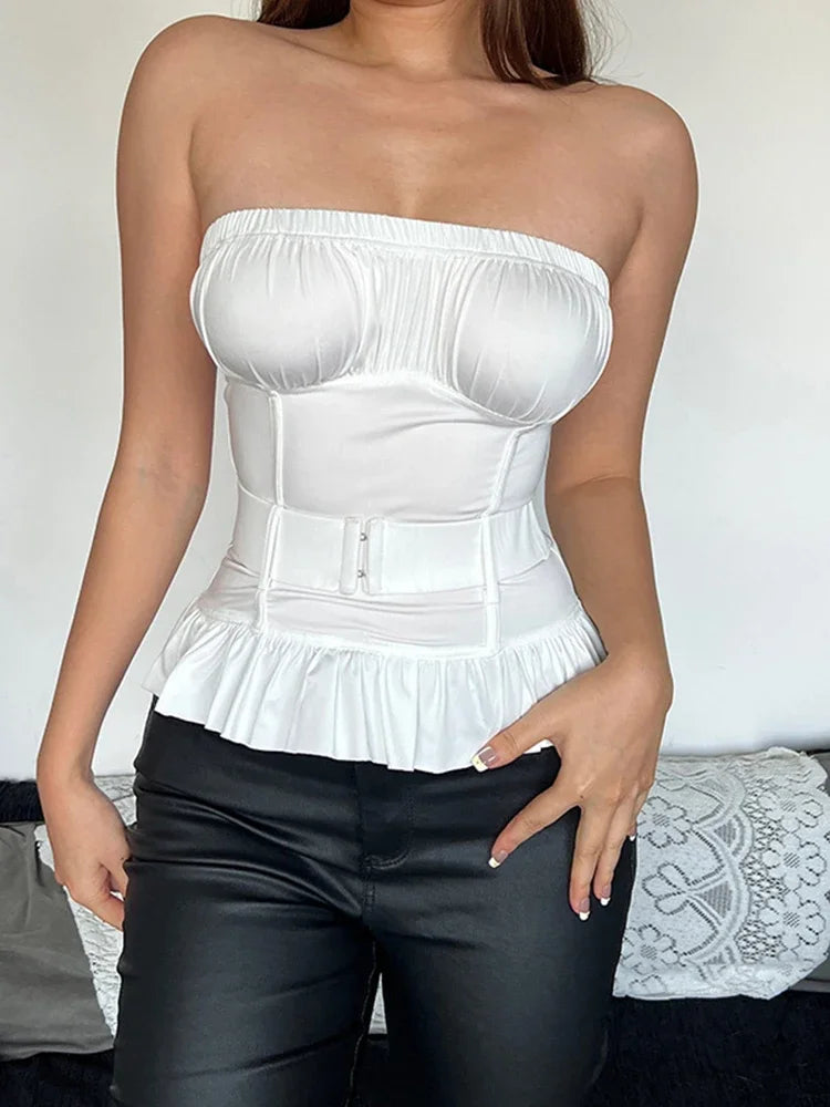 Women's Breasted Corset Slim Backless Tube Short Tank Camis Splice Ruched Top