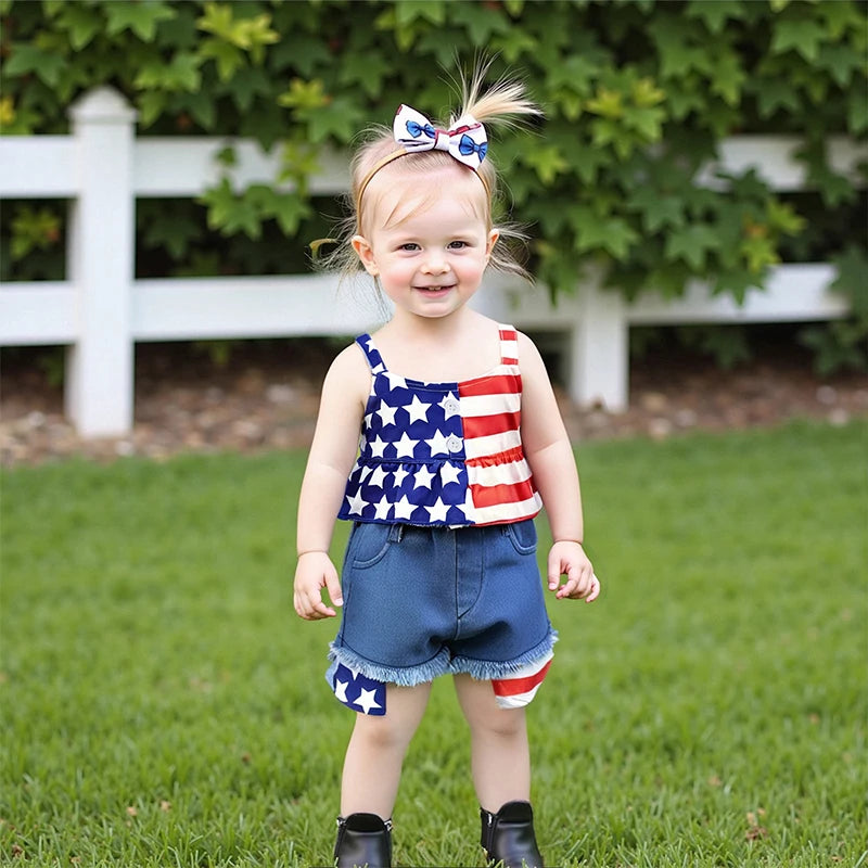 0-4Y Kids Girls American Flag Clothes Sets Star Stripe Print Camisole and Elastic Raw Denim Shorts