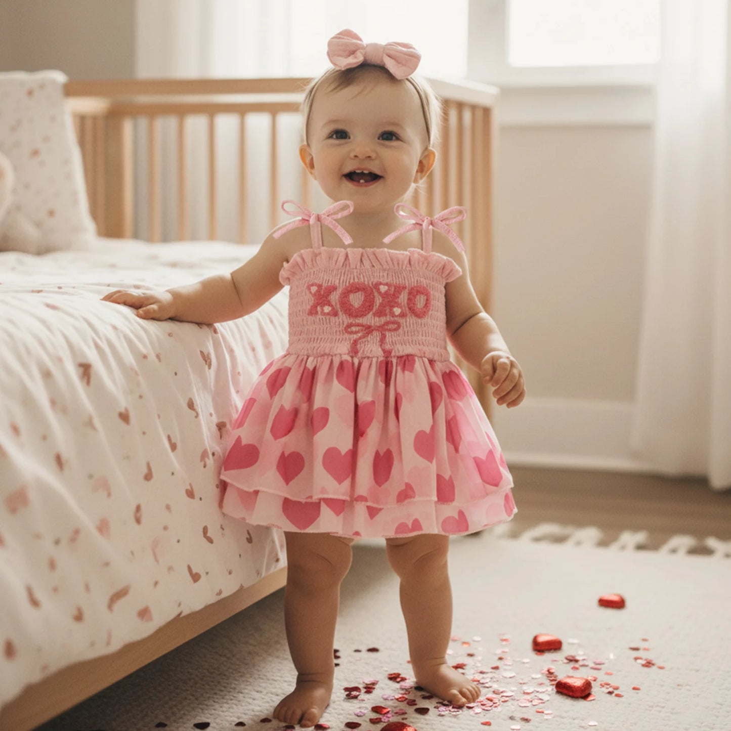 Baby Valentine's Day Romper Set - Letter Embroidery Jumpsuit with Bow Headband