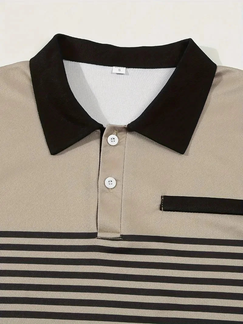 Men's Summer Polo Patchwork Short Sleeve Smart Casual Striped Turn Down Collar Shirt