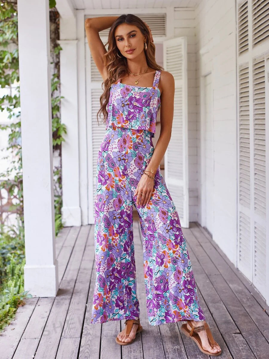 Women Elegant Long Jumpsuit - Backless Wide Leg Jumpsuits Casual Sleeveless Floral Summer Jumpsuit