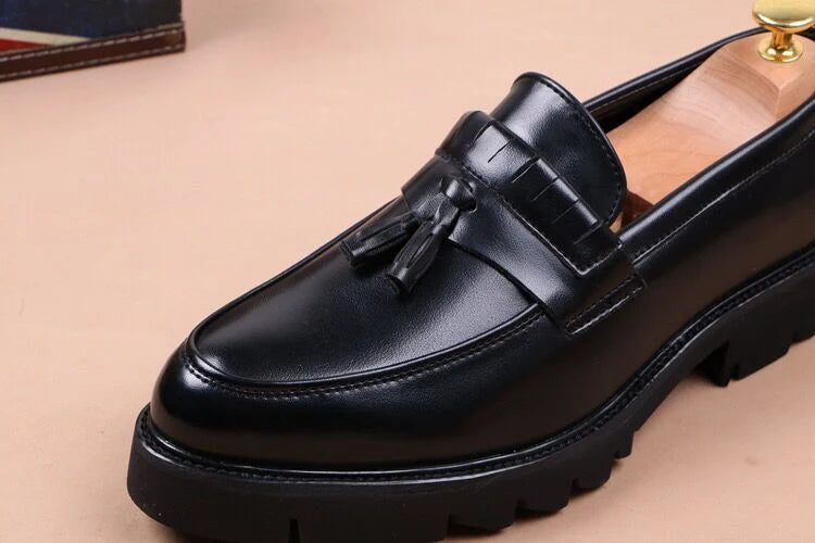 Men's Casual Soft Leather Slip on Tassels Black Tide Platform Loafers Shoes