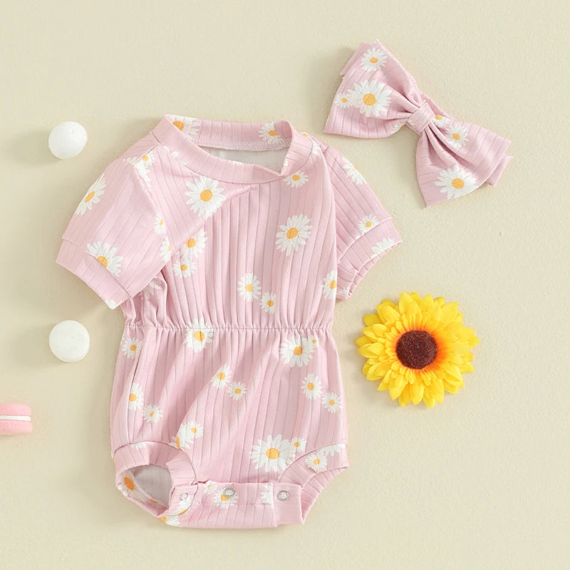 0-18M 2pcs Baby Romper Short Sleeve Sunflowers Print Elastic Waist Jumpsuits with Hairband