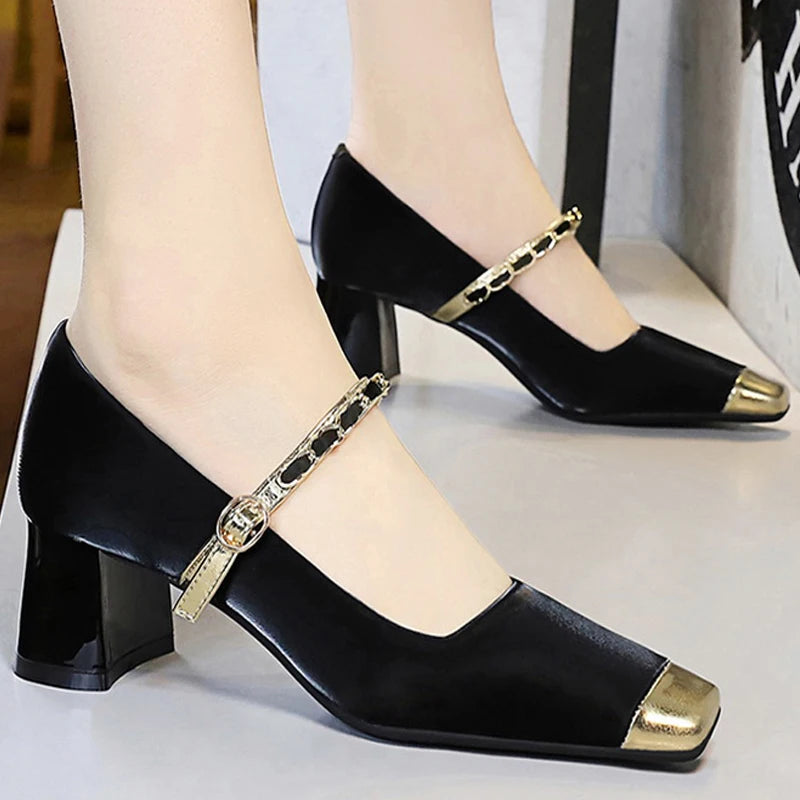 Women's Square Toe Metal Chain Temperament Mary Jane Middle Heel Shoes