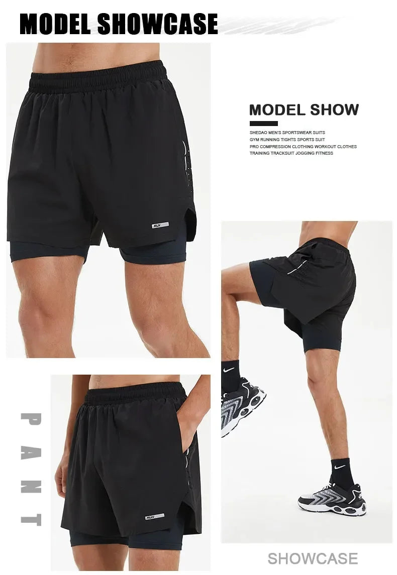 Men's Summer Swim Gym Sportswear 2 in 1 Compression Jogging Shorts Beach Casual Pants Double-deck Bottoms with Zipper Pockets