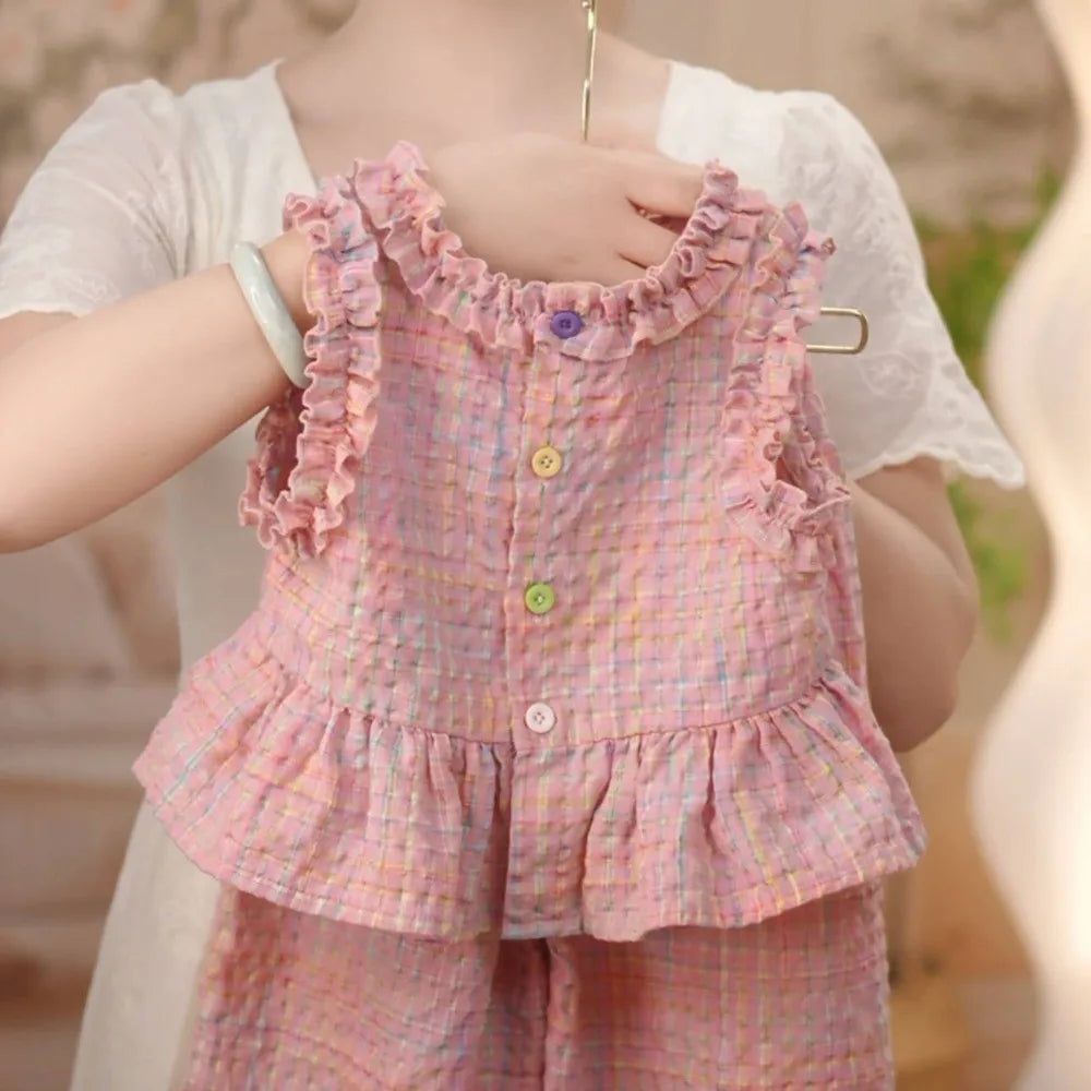 Girls' Pink Summer Outfit Set - Lace Plaid Tank Top with Wide Leg Pants