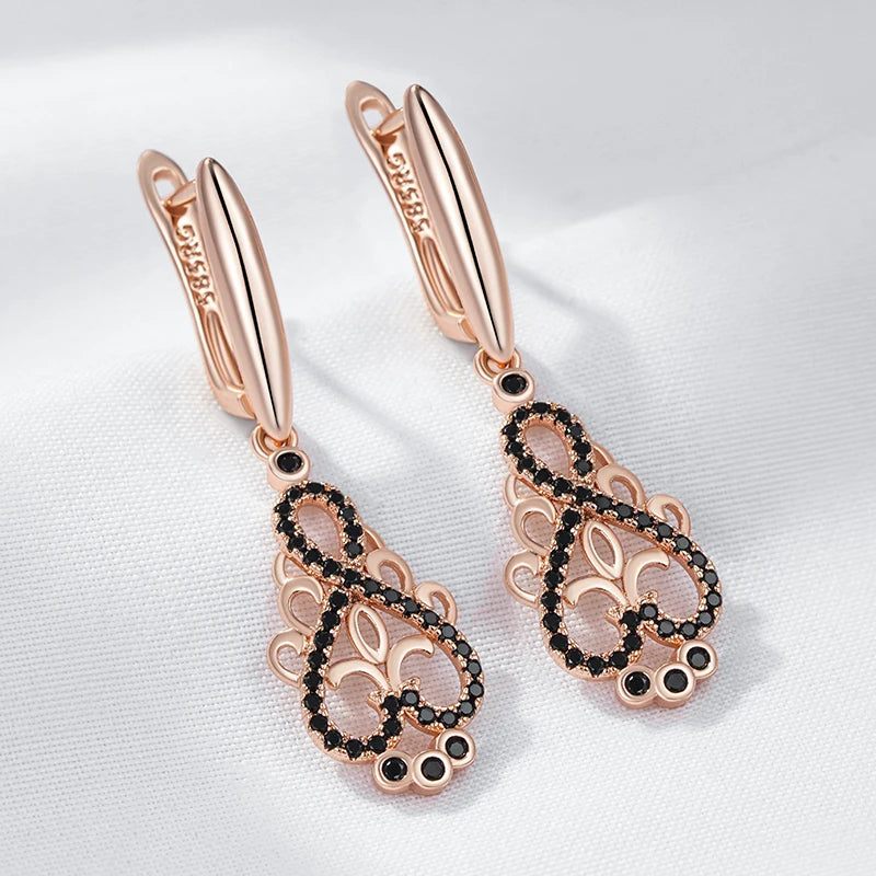Rose Gold Crystal Flower Long Dangle Earrings - Black Zircon Women's Jewelry