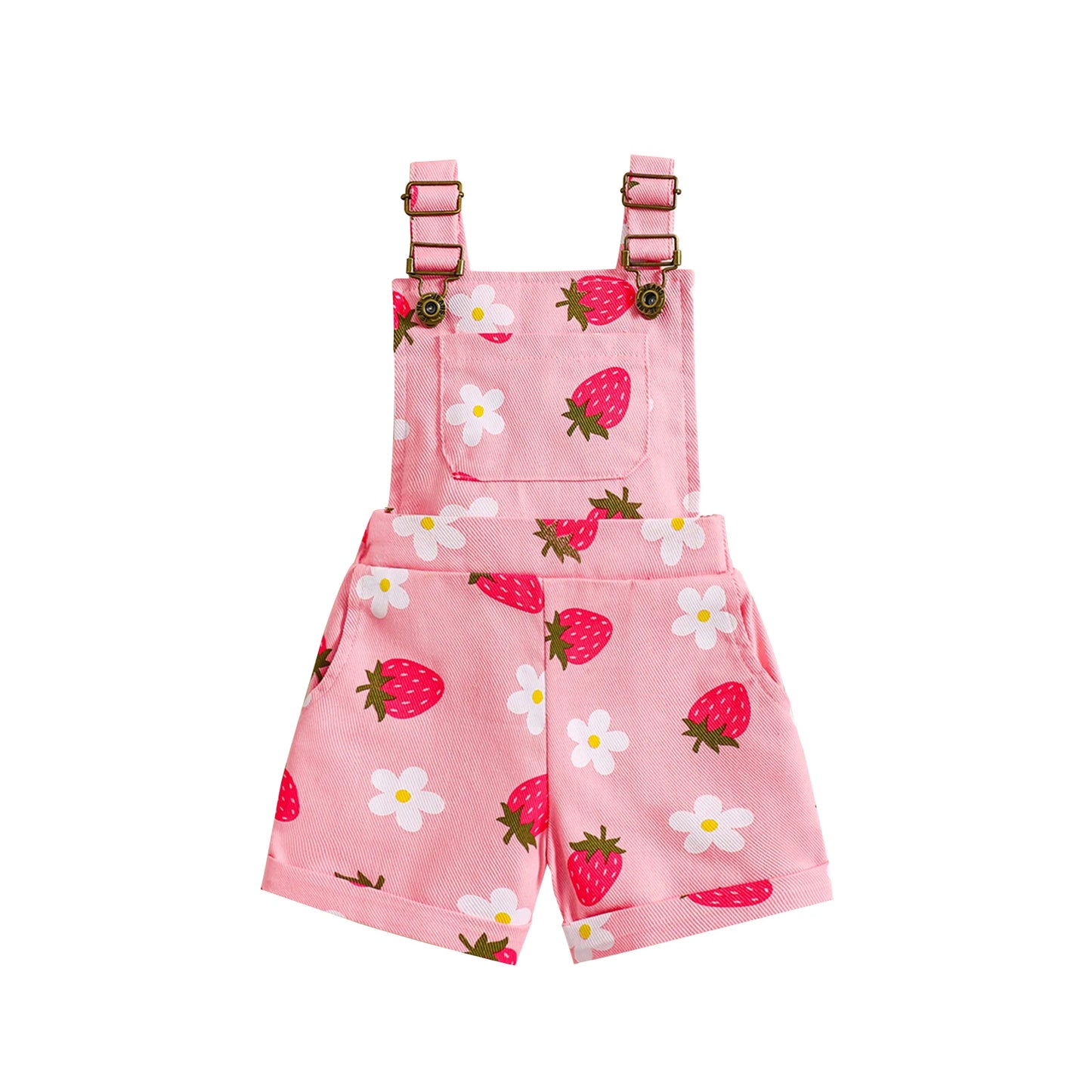 0-6Y Girls Denim Overalls Shorts Sleeveless Flower/Strawberry Print Strap Jeans Suspender Outfit