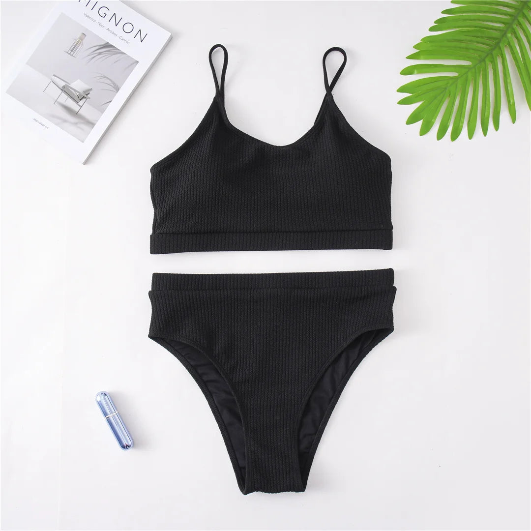 Ribbed Bikini Set - High Waist Two Piece Swimsuit