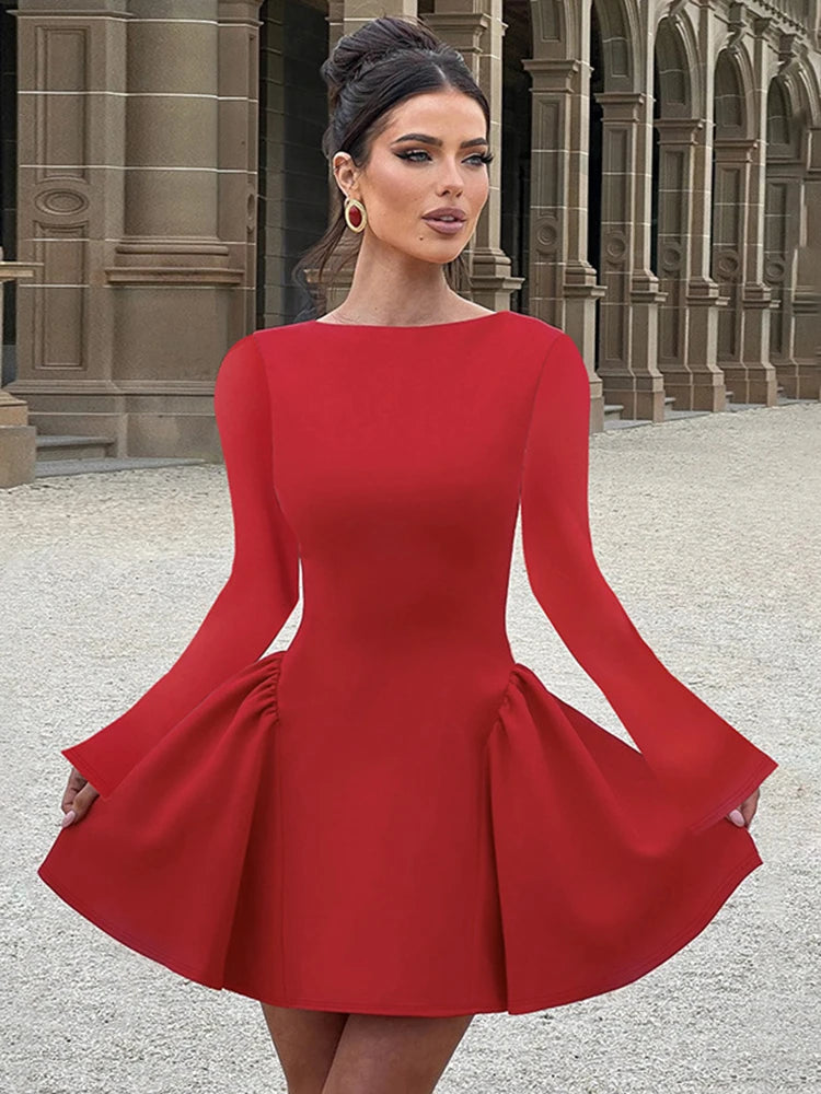 Women's Elegant Bodycon Mini  A-line Hem Splice Round Neck Long Sleeve Dress