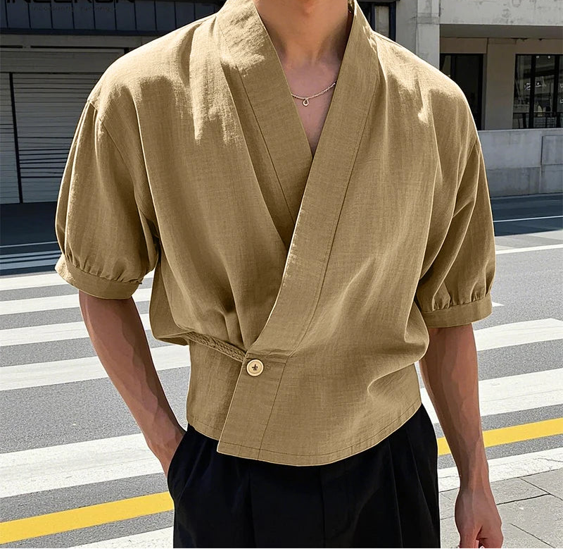 Korean Style Slanted Placket Collarless Long Sleeve Shirt