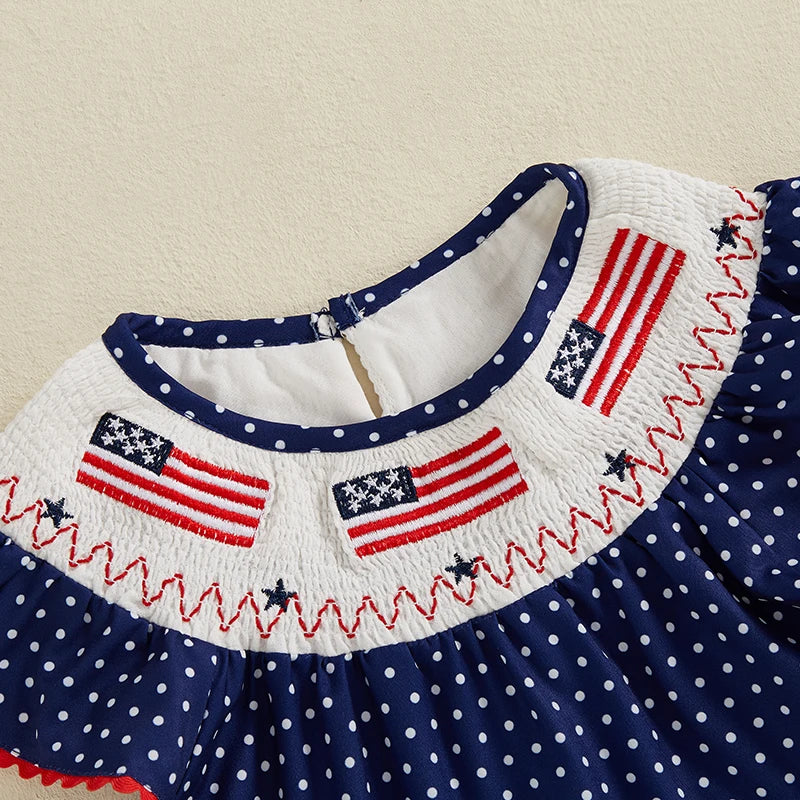 Kids Girls Dress 0-5Y USA Flag Embroidery Dot/Plaid Print Short Sleeve A-Line Dress