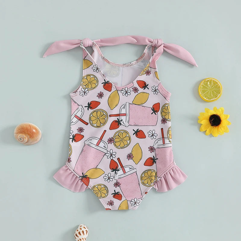 0-5Y Toddler Kids Girls Summer Swimsuits Cartoon Ice Cream Print Tie up Strap Ruffled Swimwear