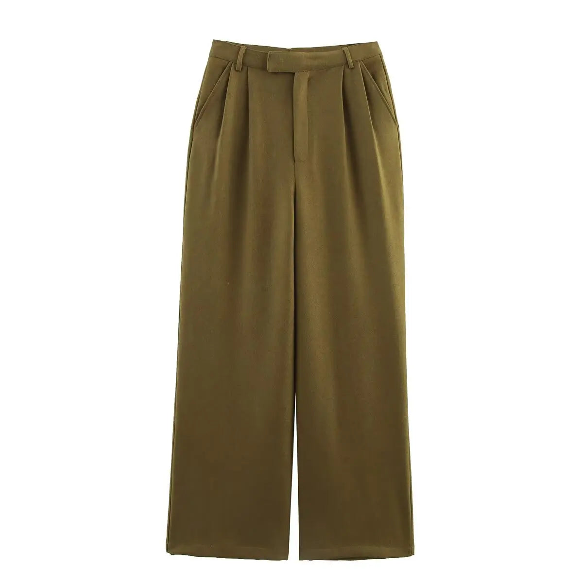 Olive Green Pleated Pants - Mid-Rise Waist Pocket Loose Casual Trousers