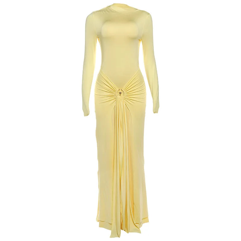 Women's Ruched Embellished Bodycon Dress - Long Sleeve Elegant Dress