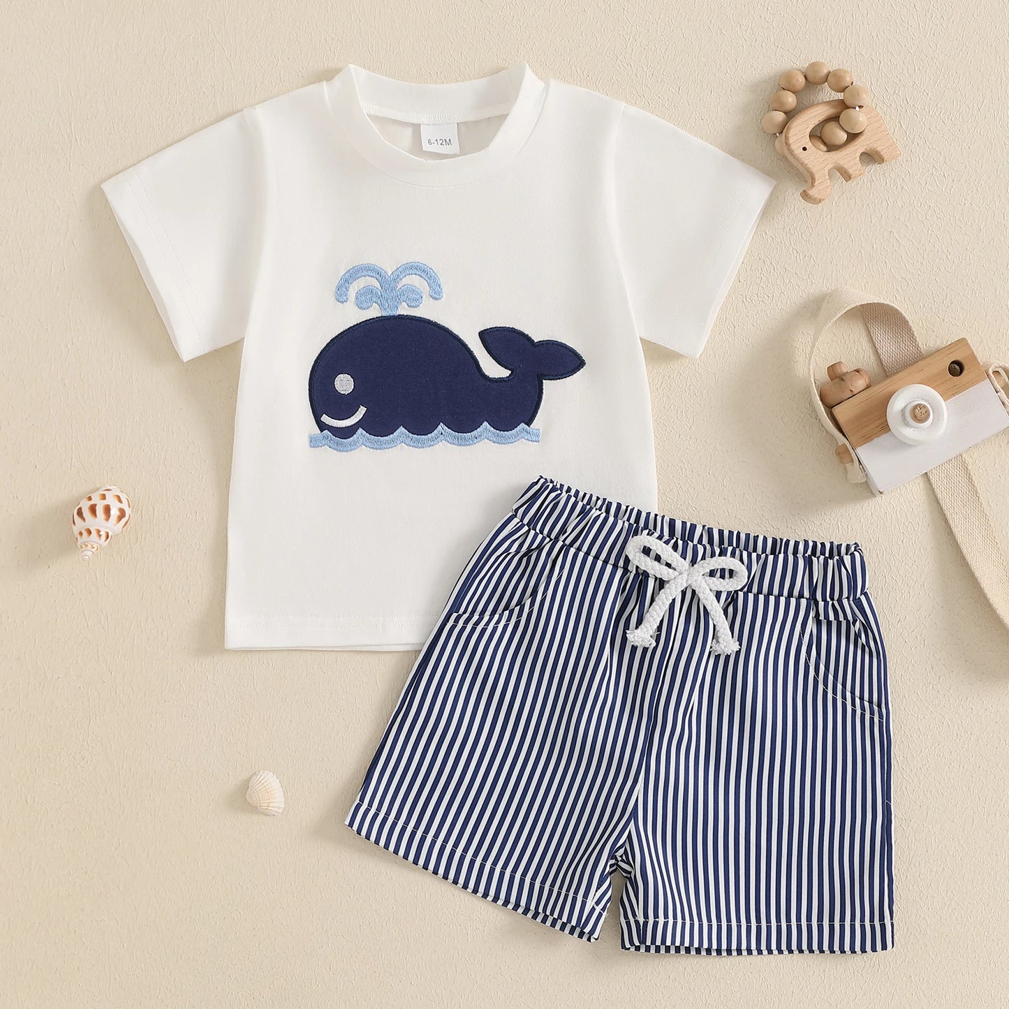 Baby Boys' Casual Outfit Set - Animal Embroidery Short Sleeve T-Shirt & Striped Shorts 2pcs