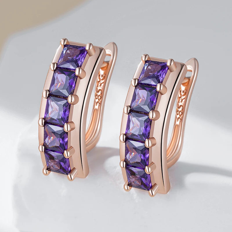 Shiny Square Purple Zircon Drop Earrings - Rose Gold Bridal Jewellery