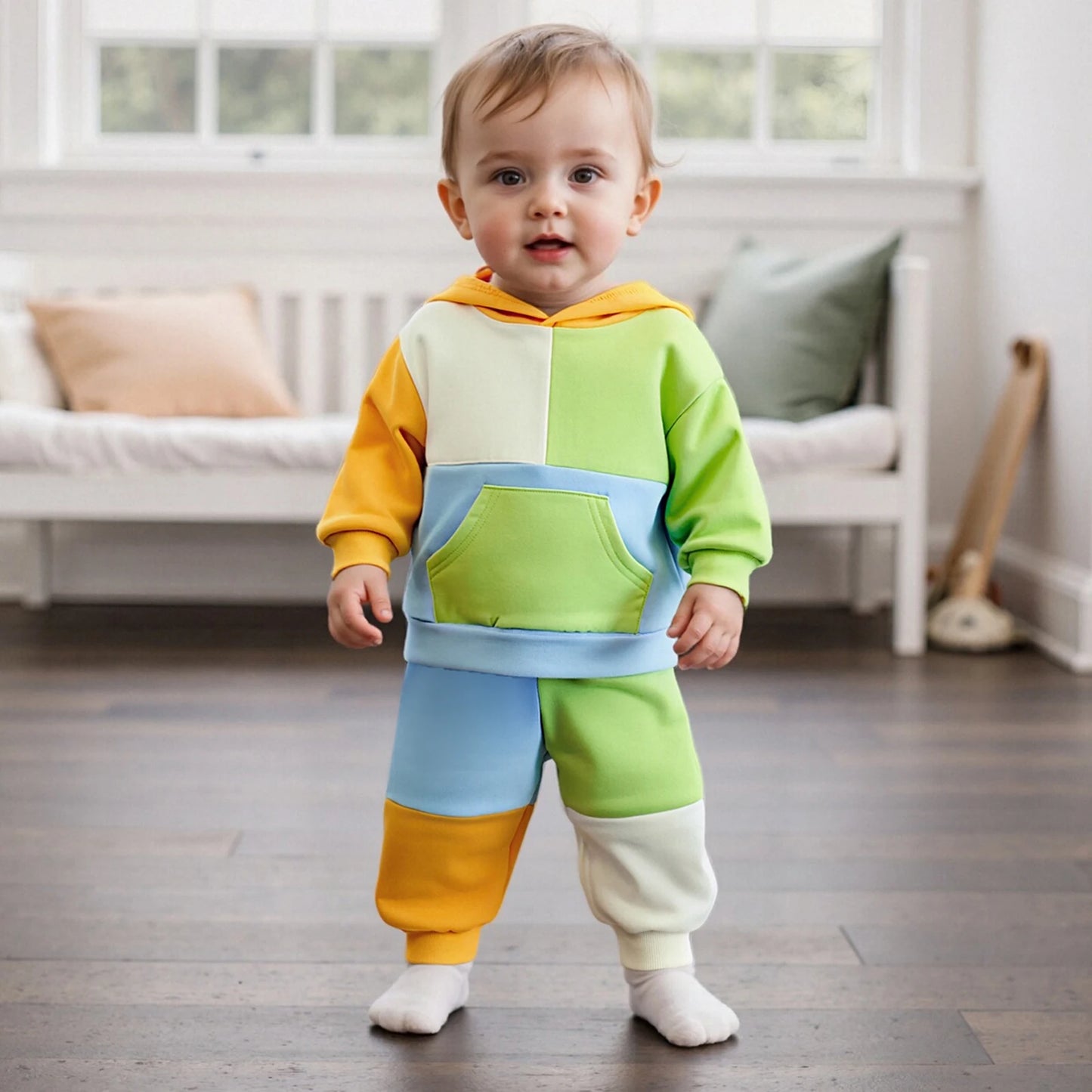 Kids Patchwork Hoodie and Pants Set - Casual Long Sleeve 2-Piece Outfit for Autumn Winter