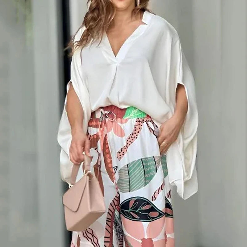 Two Piece Set - Women Summer Casual Solid V Neck Batwing Sleeve Loose Top Wide Legs Printed Stretch Waist Trousers Set