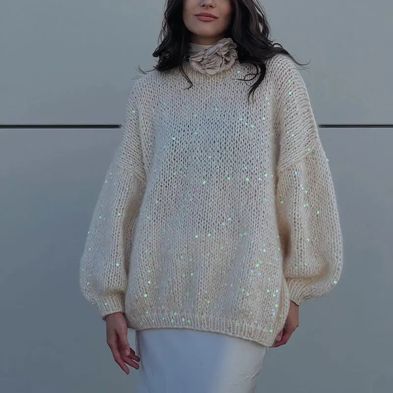 Women's Sequined Mohair  Loose Round neck Lantern Long Sleeve Glitter Knitted Pullover Sweater