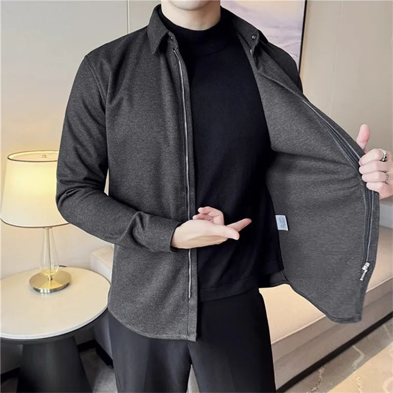 Men's Winter Thick Woolen Zipper Solid Color Turn Down Collar Warm Casual Shirt