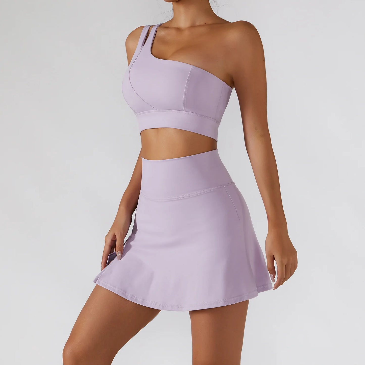 Women’s 2pc Sports Skirt Suit Outdoor Leisure Single Shoulder Bra Suit Quick Drying Tennis Set Yoga workout Skirt Set