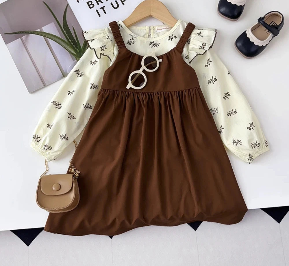 Girl's Long Sleeved Floral Top and  Suspender Dress Set Two-piece Set