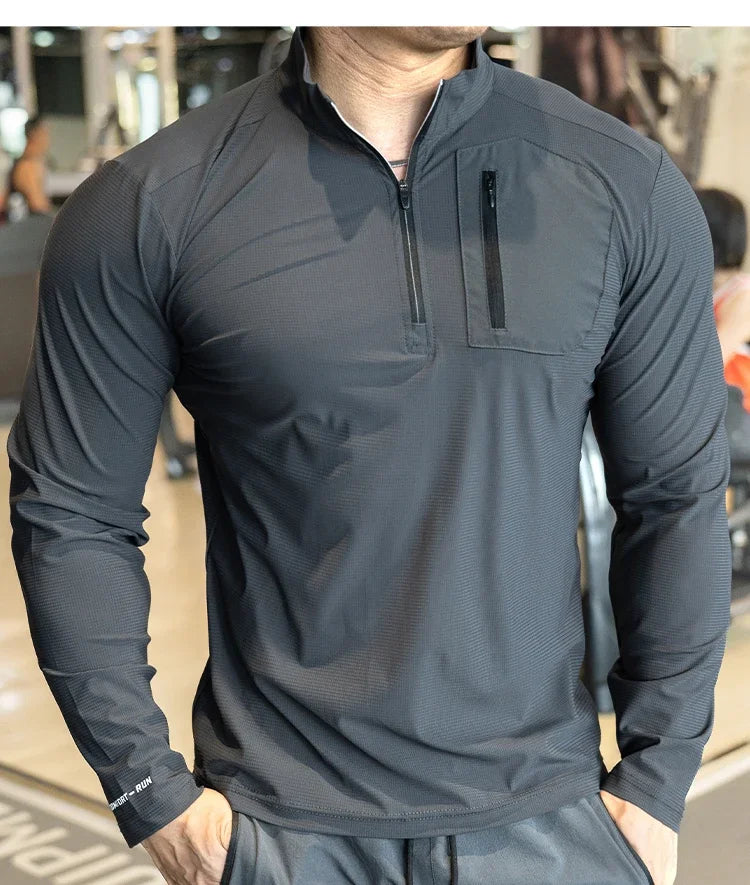 Men's Muscle Workout Sportswear Long Sleeve Running Clothing with Half Zip with Pockets Sports Gym Fitness Compression Shirt