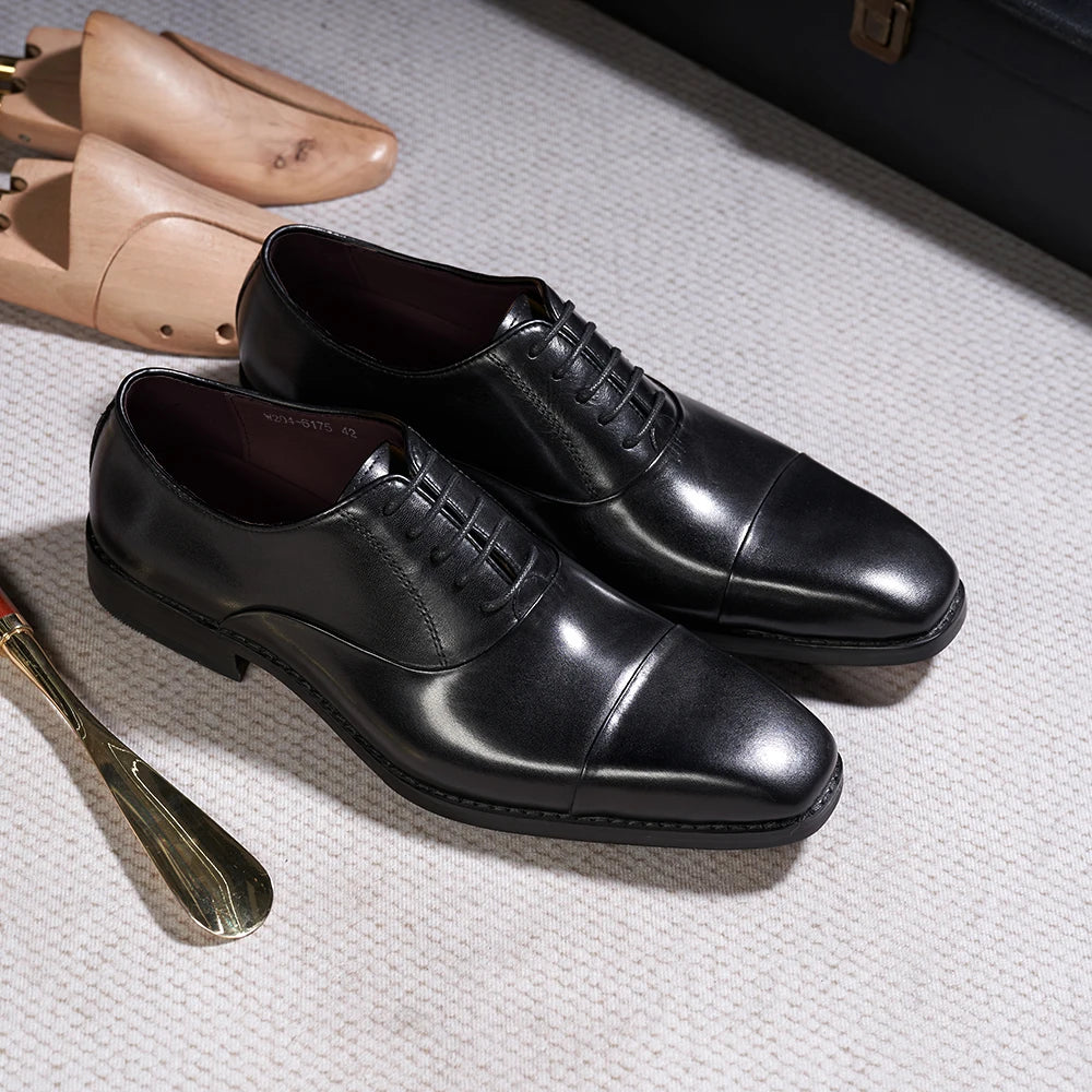 Men's Classic Lace-Up Oxfords Genuine Leather Cap Toe Wedding Party Formal Shoes