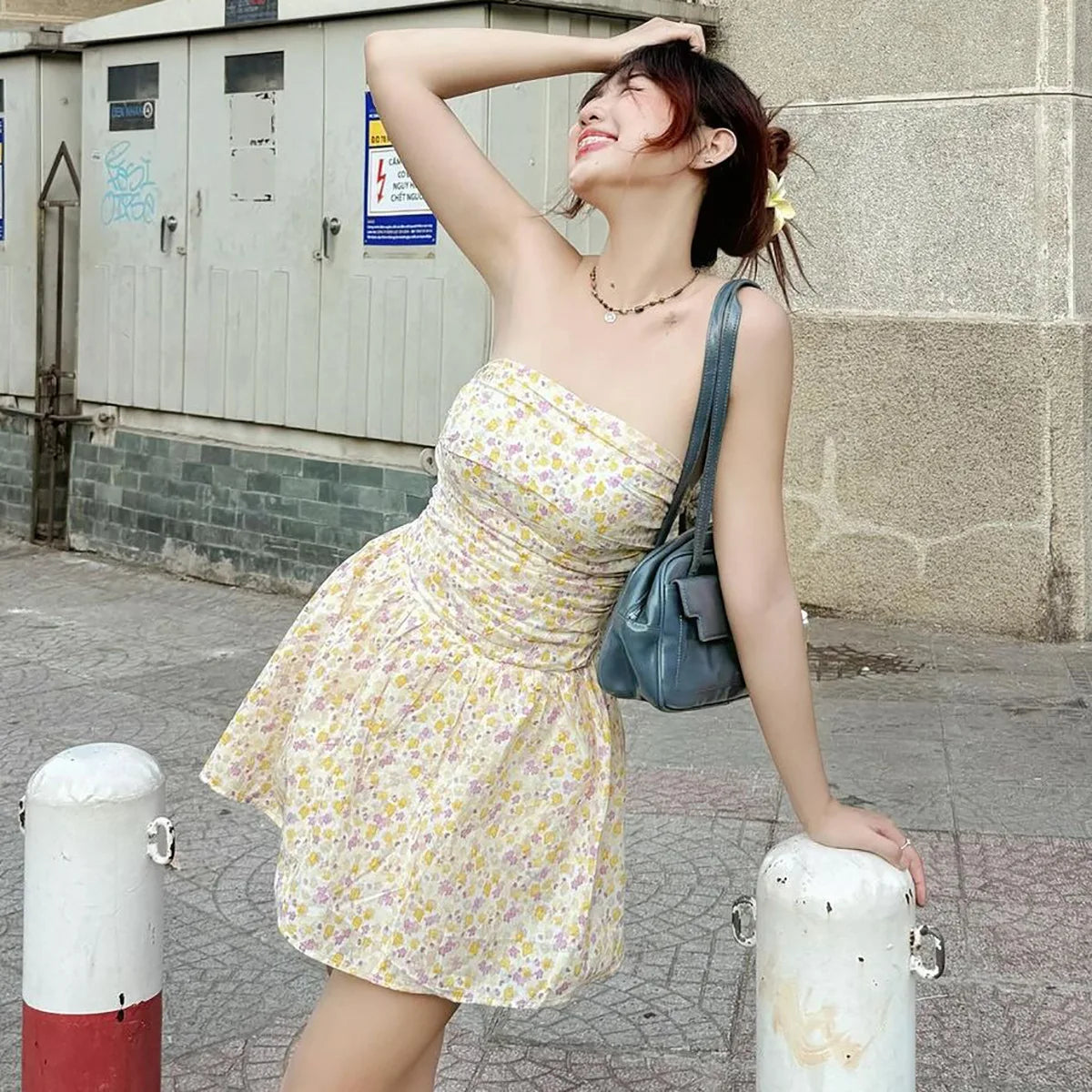 Women's One-Shoulder Slim Strapless Print Dress - High Waisted Sleeveless Backless Ruched Dress