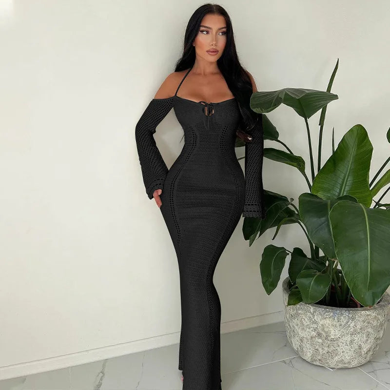 Women's Off Shoulder Halter Knit Dress - Long Sleeve Elegant Backless Tie Front Maxi Dress