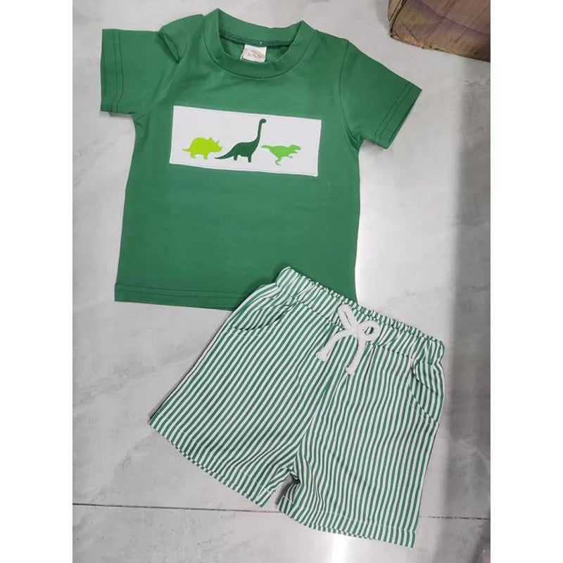 Baby Boys' Casual Outfit Set - Animal Embroidery Short Sleeve T-Shirt & Striped Shorts 2pcs