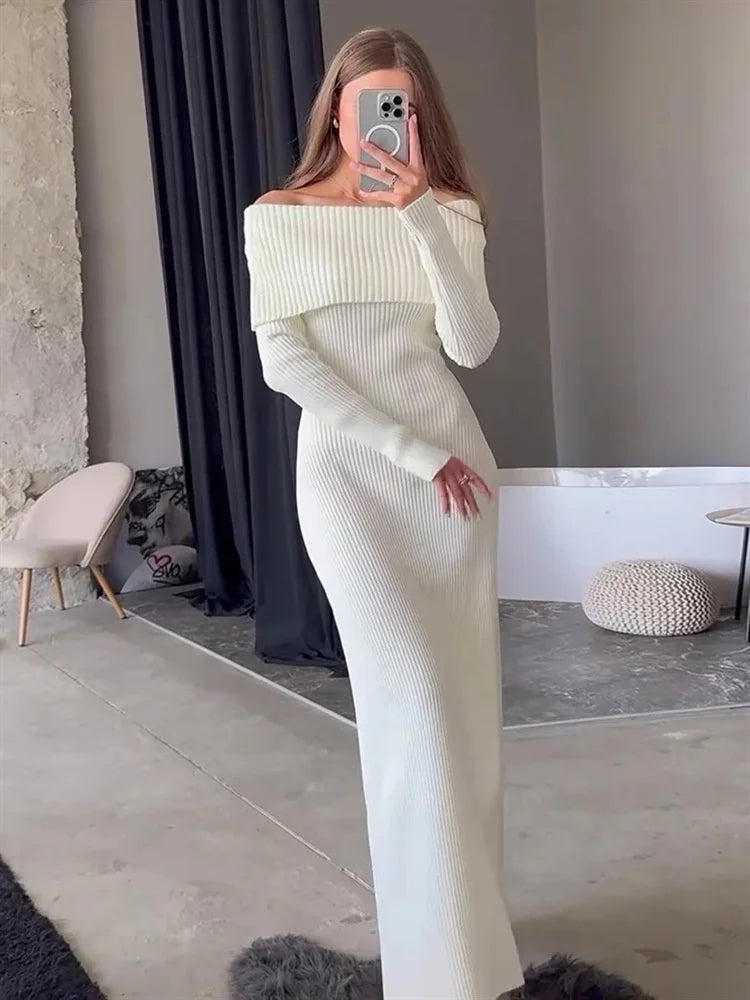 Women's Long Off-Shoulder Ribbed Loose High Waist Knitwear Maxi Dress