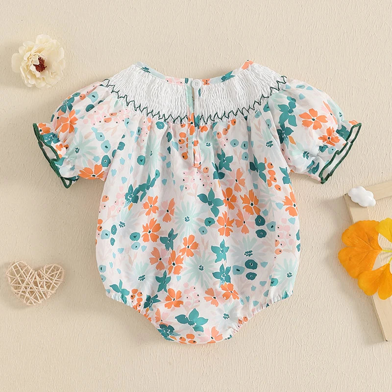 Baby Girls Floral Letter Embroidery Romper - Smocked Short Sleeve Playsuit (0-12M)