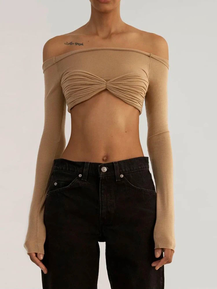 Women's Elegant Ruched Cropped Top - Long Sleeve Off Shoulder Backless Sheer Knit Short Top