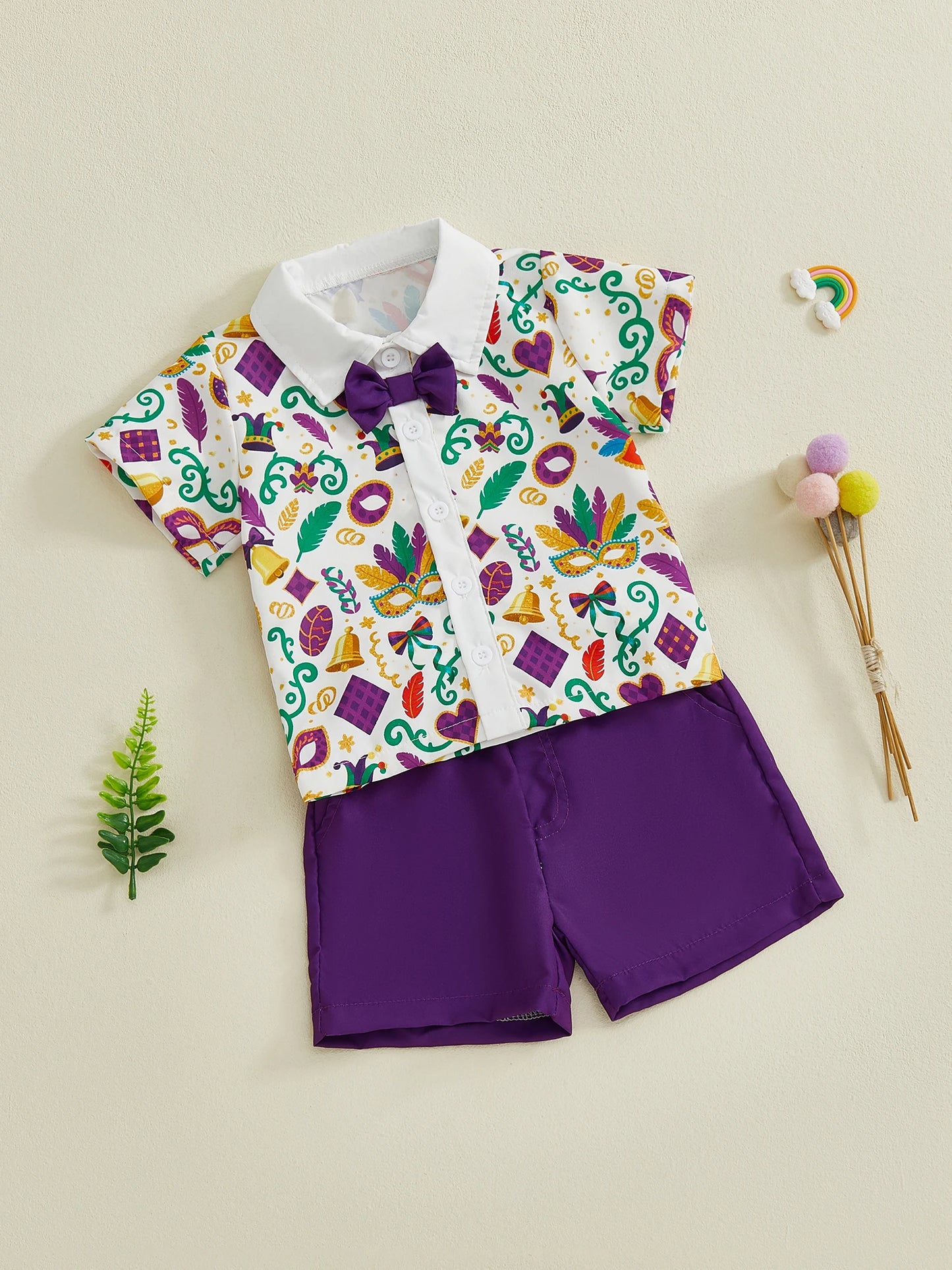 Toddler Boys Gentleman Outfit Set - Cartoon Print Collared Shirt with Bowtie & Shorts 1-6Y