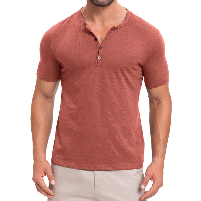 Men's Summer Henry Collar Short Sleeve Casual Pullover T-Shirt