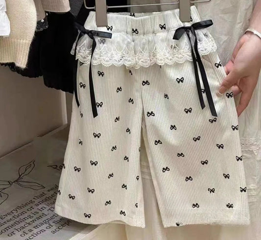 Girl's Summer Bow Print Lace Wide Leg Pants Set 3-6 Years