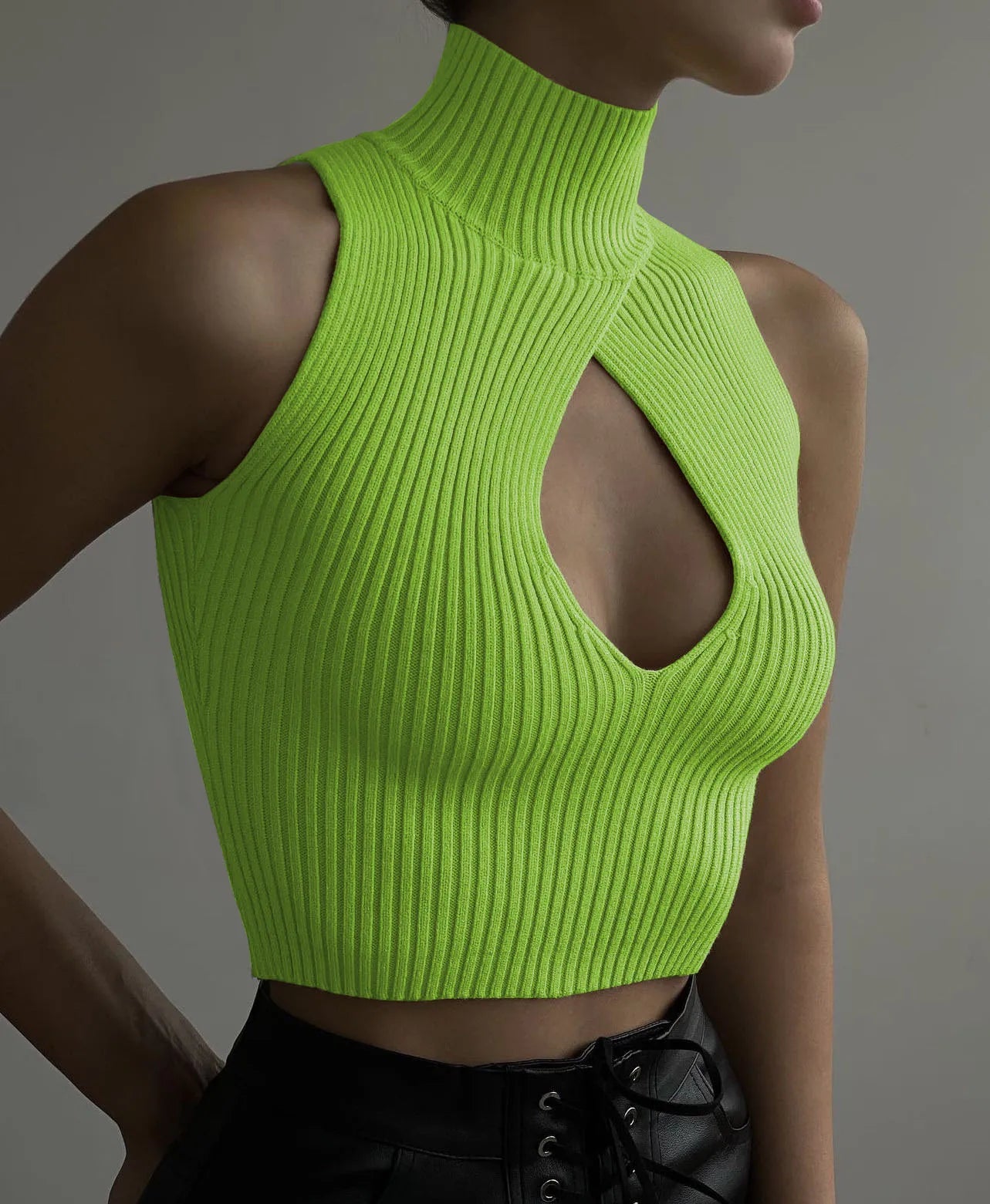 Women's Cut Out Top - Sleeveless Knitted Short Tank Top Turtleneck