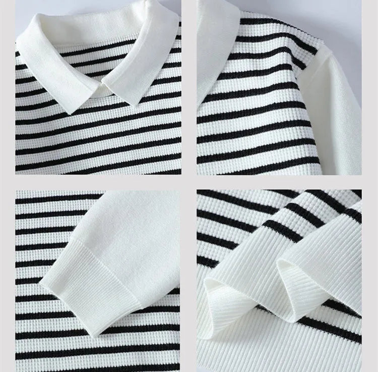 Winter Patchwork Striped Sweater - Long Sleeve Casual Knit Pullover